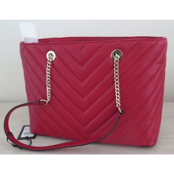 DKNY R04AZG68 Red Quilted Chevron Veronica Tote Bag w/Chain Shoulder Strap $168 - Picture 10 of 11